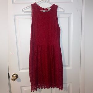 B. DARLIN red midi dress with floral pattern detailing. Size 7/8